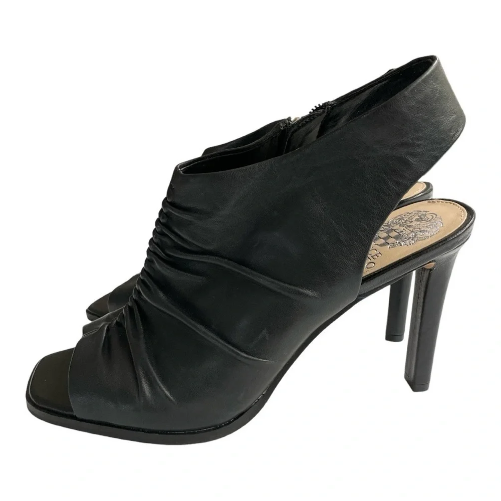 Vince Camuto Jenett Leather Rouched Front Slingback Heeled Booties Black 9 1/2M
